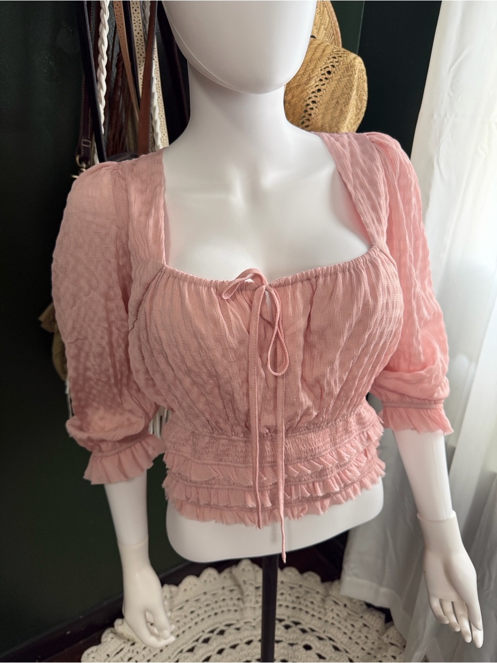 Sugarlips Pink Smocked Peasant Crop Top